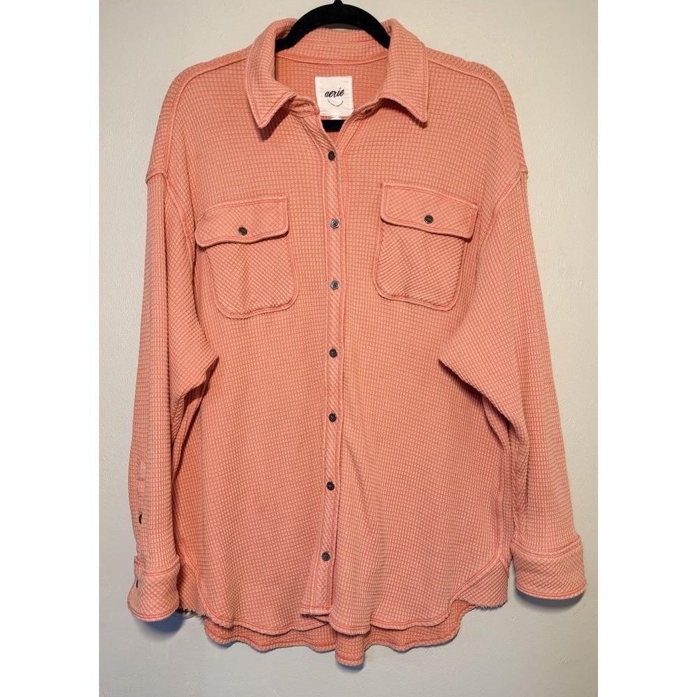 Aerie Lumberjane Waffle Knit Button Down Shirt Women's Small Salmon Oversized